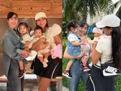 Vợ chồng H'Hen Niê "họp mặt bỉm sữa" với mẹ con Á hậu Hoàng My, em bé Ê Đê chủ động bắt tay bạn mới