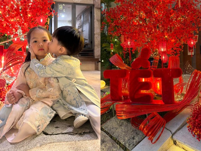2 con Đàm Thu Trang diện áo dài đón Tết trông cực yêu, biệt thự gia đình trang hoàng lung linh sắc đỏ