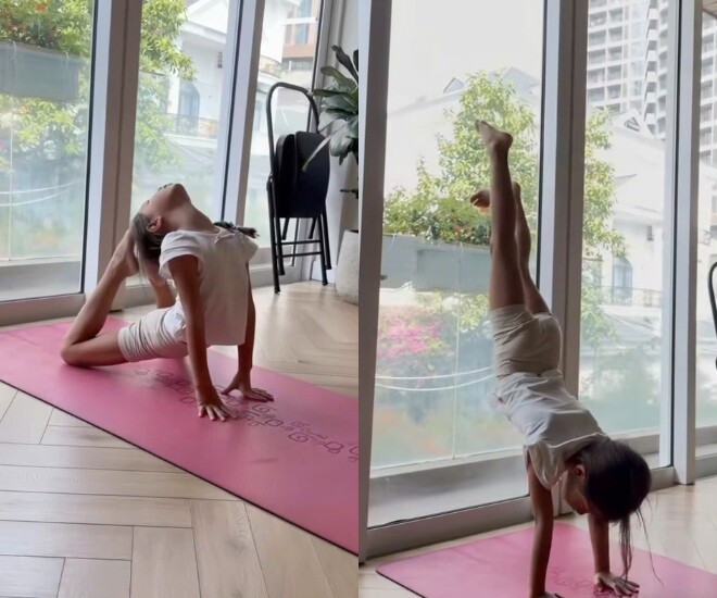 Bé Lisa nhà Hồ Ngọc Hà tập yoga uốn cong người như làm xiếc, tay chân "dài ngoằng" chuẩn gen mẹ - 1