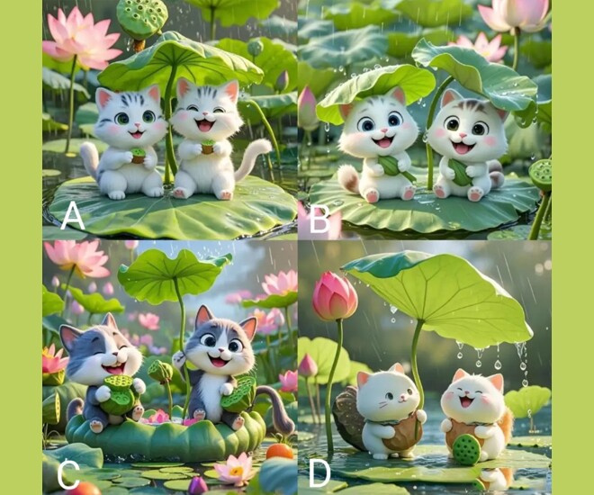 Trắc nghiệm tâm lý: Chọn một bức tranh mèo con bên hồ sen theo trực giác - 1