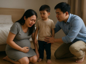 Con trai ôm bụng tôi thốt lên 1 câu ngây ngô, tôi vội quỳ xuống trước chồng