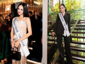 Hương Giang xách túi trăm triệu "tình cũ" tặng phối với chục kiểu váy áo, đọ sắc dàn người đẹp tại Miss Universe