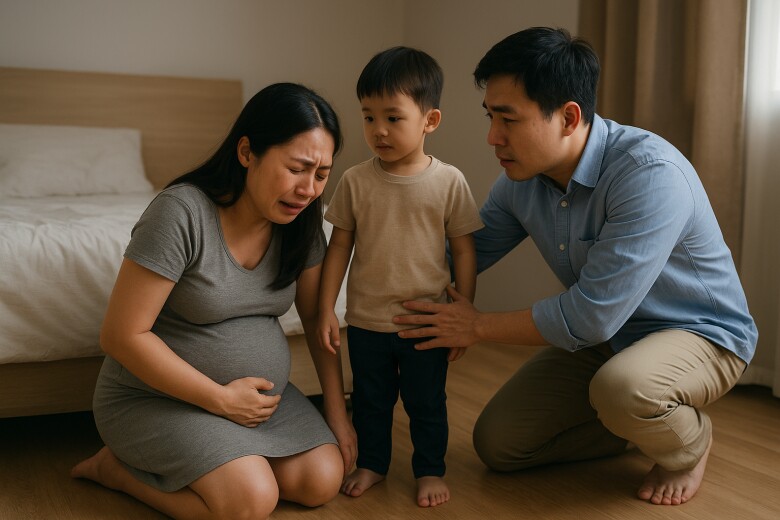 Con trai ôm bụng tôi thốt lên 1 câu ngây ngô, tôi vội quỳ xuống trước chồng - 1